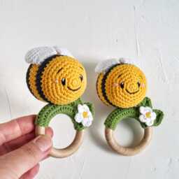 Crochet Bee Baby Toy On Wooden Ring, Honey Shower Gift, Neutral Gift For Mom To Be - thumbnail 4