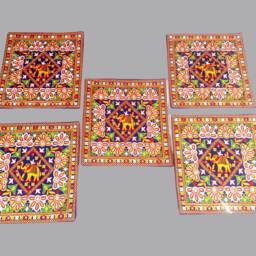 Designer Gujarati Work Decorative Pillow Cover, Cushion Covers - 16 X 16 Inches - Set Of 5 Pcs, Throw Pillow, Cotton Cover Set - thumbnail 3