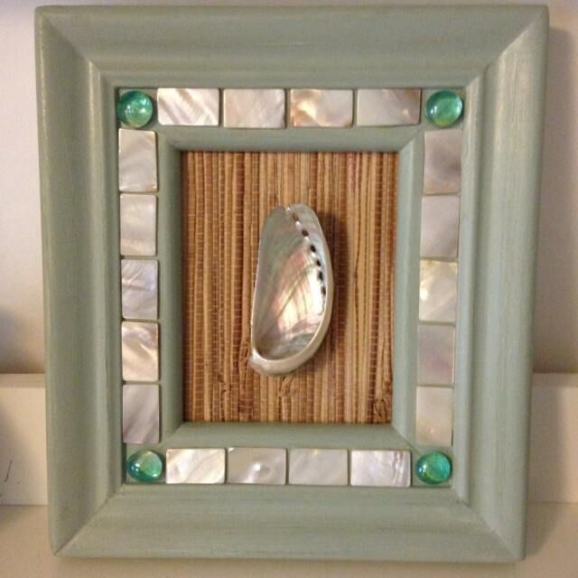 Seashell in Light Green Wood Frame Accented With Mother Of Pearl