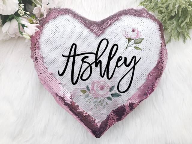 Personalized Valentines Pillow Day Gift For Her Daughter Pink Heart Sequin Changing With Name Nursery Home Decor - image 1