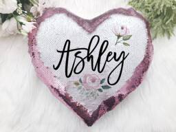 Personalized Valentines Pillow Day Gift For Her Daughter Pink Heart Sequin Changing With Name Nursery Home Decor - thumbnail 1