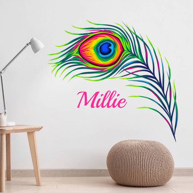 Peacock Feather Wall Sticker Vinyl Personalised Name Art Decals Bedroom Home Decor - image 1