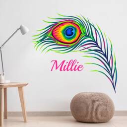Peacock Feather Wall Sticker Vinyl Personalised Name Art Decals Bedroom Home Decor
