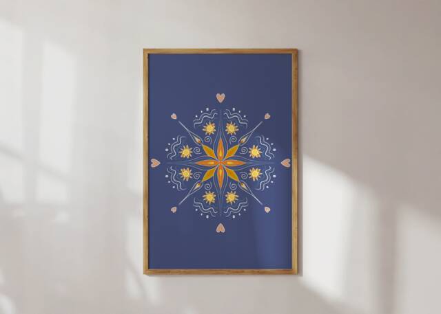 Dark Blue Mandala/Illustration Art Print Dolce Vita Italy Wall Art, Blue, Orange, Decoration, Pattern, Ornament, Combine - image 1