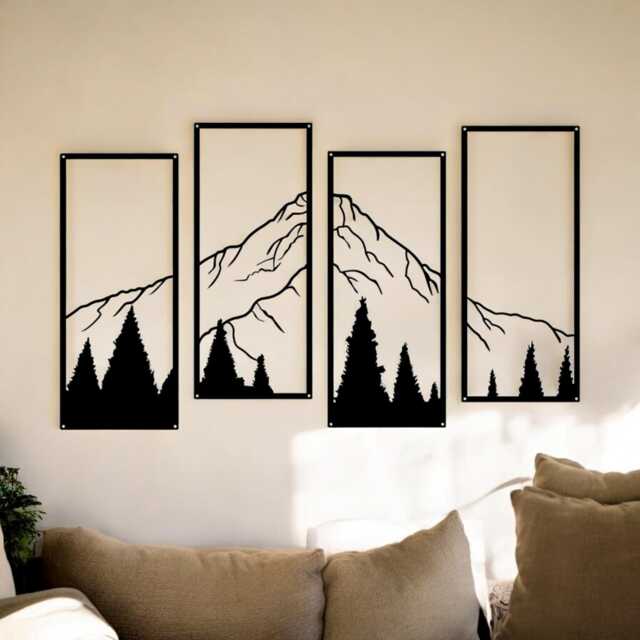 Mountain Framed Wall Art, Set Of 4 Home Decor, Modern Black Metal Design, Contemporary Hanging For Stylish Interiors, Housewarming Gift - image 1