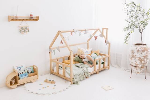 Montessori House Bed Frame With Legs & Slats, Toddler Furniture, Indoor Playhouse, Nursery Decor, Kid Play Room, Wood Platform Bed - image 1