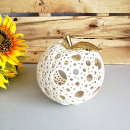 Ceramic Apple Tealight Holder Hand-Carved Candle Lantern With Gold Leaf - thumbnail 1