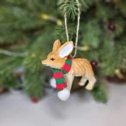 Handcrafted Fennec Fox Christmas Ornament Basswood With Mini Scarf - thumbnail 3