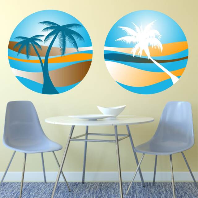 Palm Tree Sunset 2 Pack Wall Sticker Decal Holiday Paradise Beach Tropical Retro Art Mural - image 1