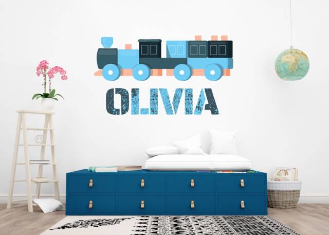 xlarge Personalised Train Wall Sticker, Kids Name Decal, Children's Decor, Playroom Boys Blue Bedroom, Gifts - image 1
