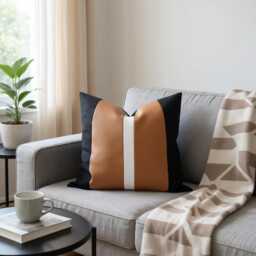 Color Block Pillow Cover Vegan Leather & Linen, Modern Minimalist Design - thumbnail 1