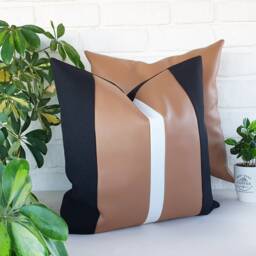 Color Block Pillow Cover Vegan Leather & Linen, Modern Minimalist Design - thumbnail 2