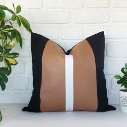 Color Block Pillow Cover Vegan Leather & Linen, Modern Minimalist Design - thumbnail 3