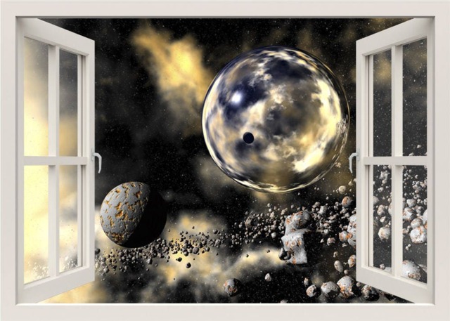 Space Wall Decal, Sticker, Planets 3D Window View Sticker Mural, Living Room Home Decor