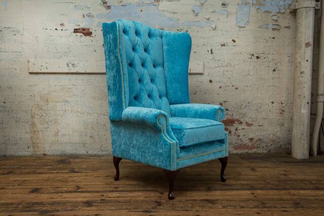 British Handmade Bright Turquoise Blue Velvet Chesterfield High Back Wing Chair - image 1