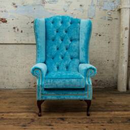 British Handmade Bright Turquoise Blue Velvet Chesterfield High Back Wing Chair - thumbnail 2