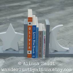 Star & Moon Bookends, Custom Wooden Bookends - Created - Grey, Gray, White, Star, Moon, Celestial - thumbnail 2
