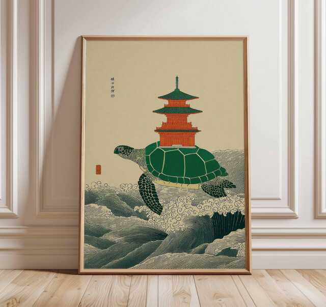 Turtle Art Print, Japanese Style Poster, Zen Ocean Wall Art, Pagoda Illustration, Minimalist Nature Decor For Modern Home - image 1