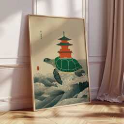 Turtle Art Print, Japanese Style Poster, Zen Ocean Wall Art, Pagoda Illustration, Minimalist Nature Decor For Modern Home - thumbnail 2