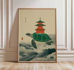 Turtle Art Print, Japanese Style Poster, Zen Ocean Wall Art, Pagoda Illustration, Minimalist Nature Decor For Modern Home - thumbnail 1