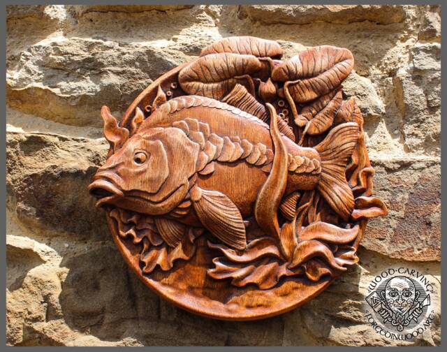 Iroko Wood Carved Carp - Rustic Fishing Wall Art - image 1