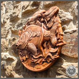 Iroko Wood Carved Carp - Rustic Fishing Wall Art - thumbnail 3