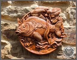 Iroko Wood Carved Carp - Rustic Fishing Wall Art - thumbnail 1