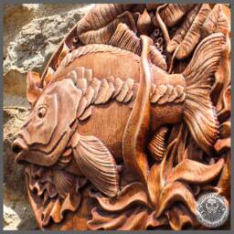 Iroko Wood Carved Carp - Rustic Fishing Wall Art - thumbnail 4