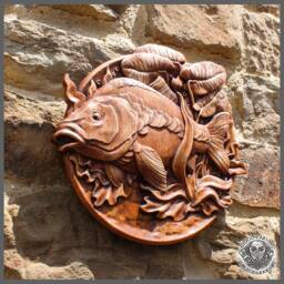 Iroko Wood Carved Carp - Rustic Fishing Wall Art - thumbnail 2