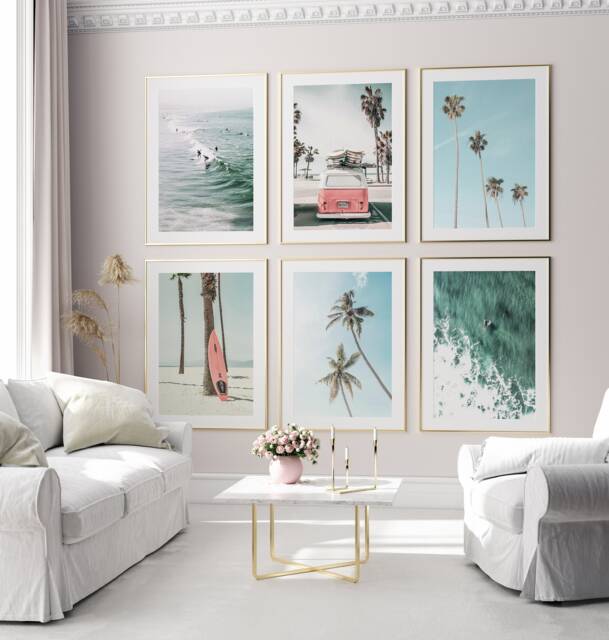 Coastal Set Of 6 Prints, Beach Tropical Wall Art, Ocean Poster, Surfing Retro Van, Summer California Beach, Pink Surfboard - image 1