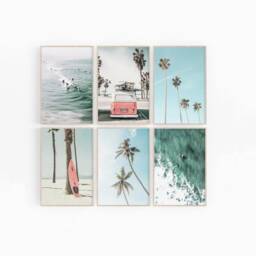 Coastal Set Of 6 Prints, Beach Tropical Wall Art, Ocean Poster, Surfing Retro Van, Summer California Beach, Pink Surfboard - thumbnail 3