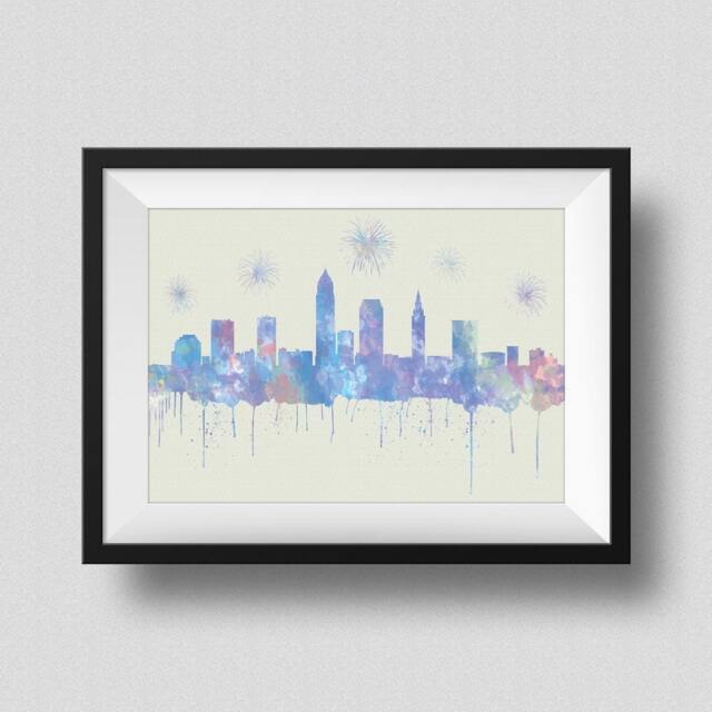 Cleveland Skyline Watercolor Print, Ohio With Firework Ink Splash Poster Art, Print
