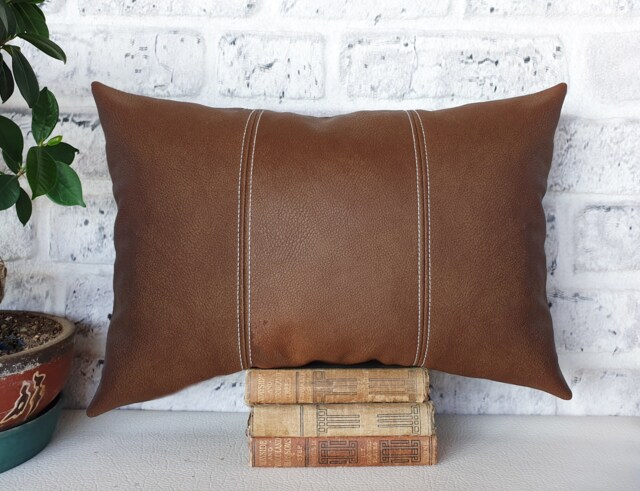 Brown Faux Leather Lumbar Pillow Cover Modern Scandinavian Design - image 1