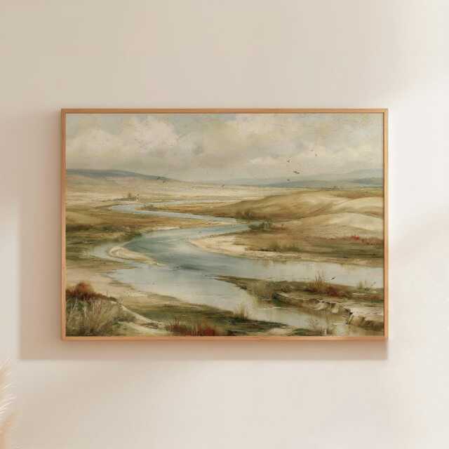 River Valley Poster, Neutral Landscape Wall Art, Wetland Painting - image 1