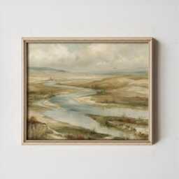 River Valley Poster, Neutral Landscape Wall Art, Wetland Painting - thumbnail 4