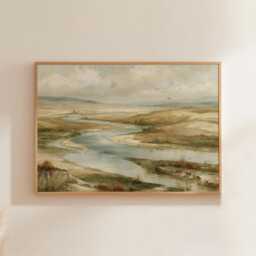 River Valley Poster, Neutral Landscape Wall Art, Wetland Painting - thumbnail 1