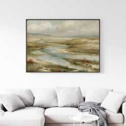 River Valley Poster, Neutral Landscape Wall Art, Wetland Painting - thumbnail 2
