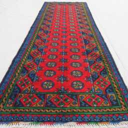 2'7x9'3 Afghan Red Runner Rug, Handmade Wool Multicolor Natural Veg Dyes Turkmen Bukhara Oriental Hallway Rug - thumbnail 3
