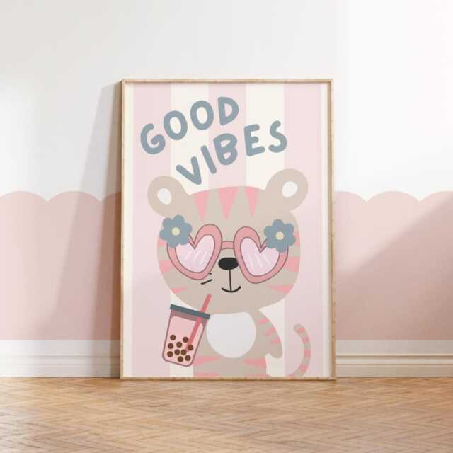 Retro Tiger Bubble Tea Print Good Vibes Nursery Wall Art - image 1