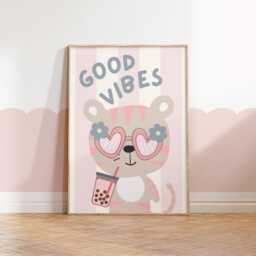 Retro Tiger Bubble Tea Print Good Vibes Nursery Wall Art - thumbnail 1