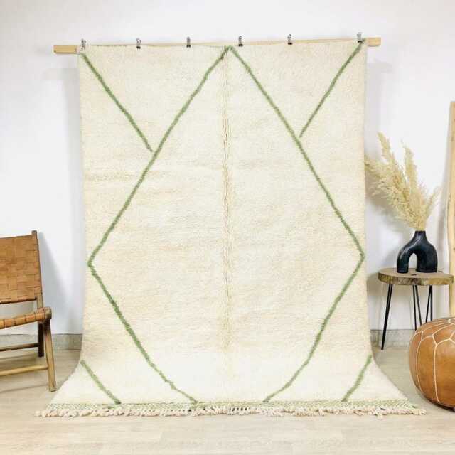 Ivory Moroccan Rug With Sage Green Geometric Diamond Design - Large 8x10 Area Handmade Berber Shag Cozy Modern Floor Decor - image 1