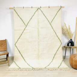 Ivory Moroccan Rug With Sage Green Geometric Diamond Design - Large 8x10 Area Handmade Berber Shag Cozy Modern Floor Decor