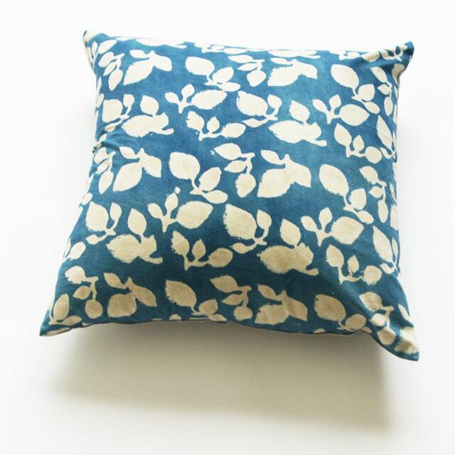 Indigo Blue Leaf Square Pillow Sham-Hand Block Printed - 20 X Cotton Throw Cover - image 1