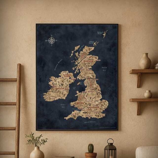 Fantasy Map Of British Isles & Ireland, Vintage Style UK Print, Medieval Cartography Wall Art - image 1