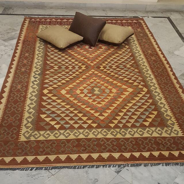 Hand Knotted Wool Kilim 5x8, Terracotta Rust Area Rug, Geometric Flatweave Turkish Style - image 1