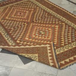 Hand Knotted Wool Kilim 5x8, Terracotta Rust Area Rug, Geometric Flatweave Turkish Style - thumbnail 3