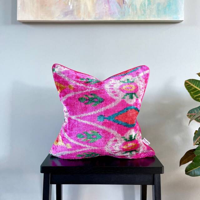 Velvet Ikat Pillow Cover Adventure Awaits - Decorative Cushion For Sofa Or Bed - image 1