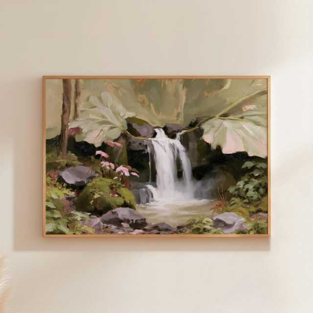 Forest Waterfall Poster, Green Landscape Print, Nature Wall Art, Paper - image 1