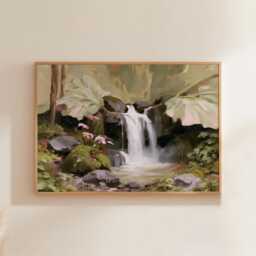Forest Waterfall Poster, Green Landscape Print, Nature Wall Art, Paper - thumbnail 1