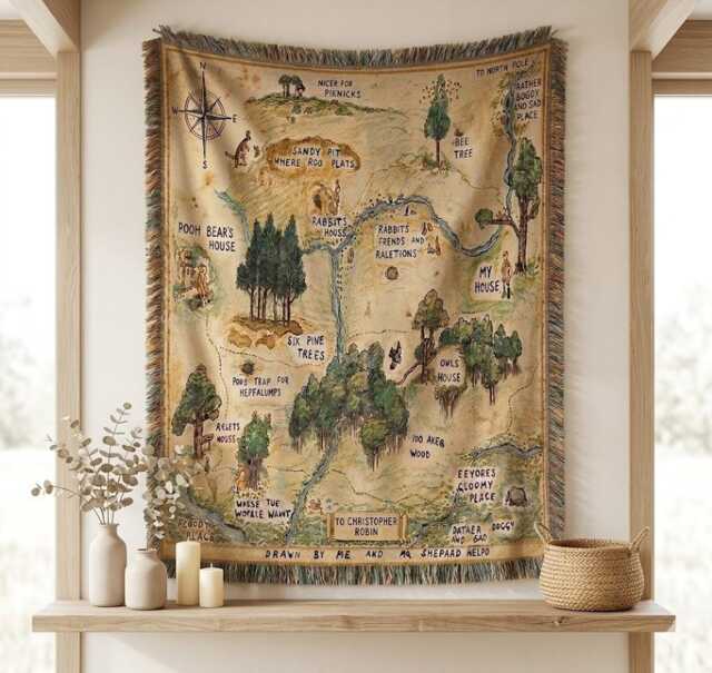 Winnie The Pooh Hundred Acre Wood Woven Blanket, Bear Storybook Map Throw Classic Woodland Nursery Decor Tapestry - image 1